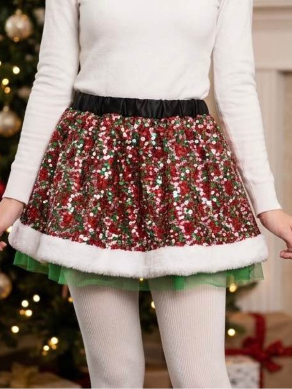 Claire's Red & Green Sequin Circle Skirt with White Faux Fur Hem